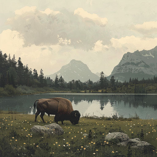 Bison grazing near a serene lake with mountains