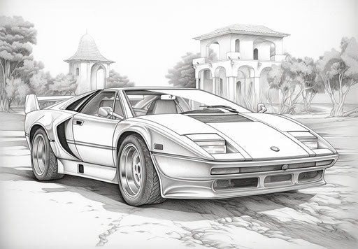Printable sports car coloring page, luminous shadowing style