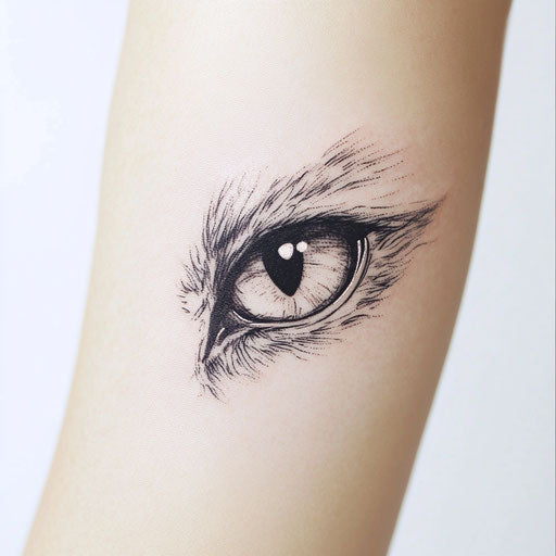 Animal eye tattoo on arm, flat clipart style
