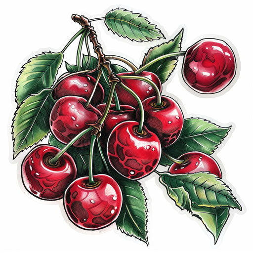 Vibrant cherry tattoo with bright red cherries and lush green leaves