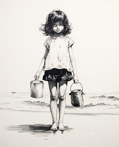 A girl carrying a toy on the beach with a bucket in it