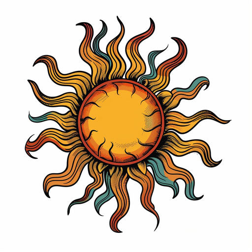Vibrant orange and yellow rising sun flat tattoo sketch