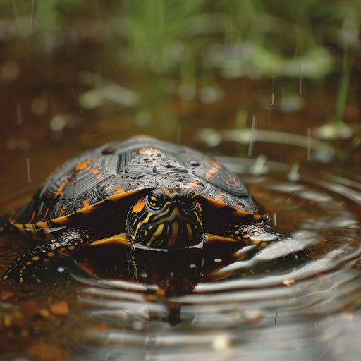 A turtle peeking out from its shell on a rainy day