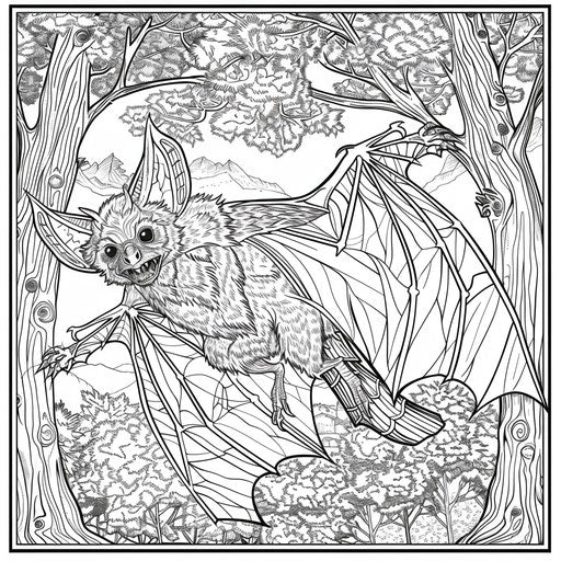 Detailed bat with vampire cape flying through a dark forest. Coloring book page