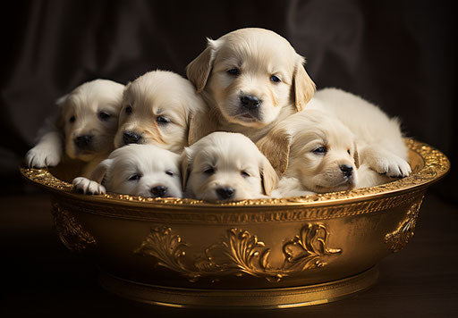 Cute tiny puppy of golden retriever sitting in a bowl