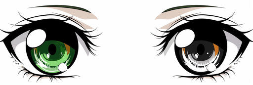 Anime green and white eyes with grey lashes, artist style