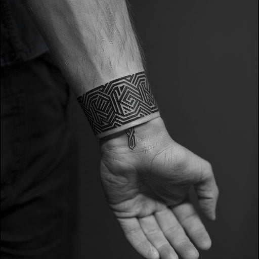 Geometric pattern wrist tattoo in the style of Guy Aitchison