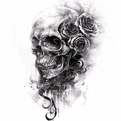 Black and gray gothic skull tattoo with swirling mist and roses