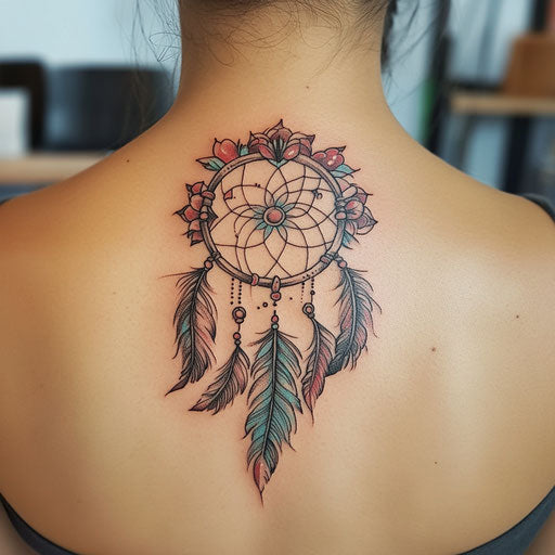 Flat tattoo sketch of dreamcatcher and feathers