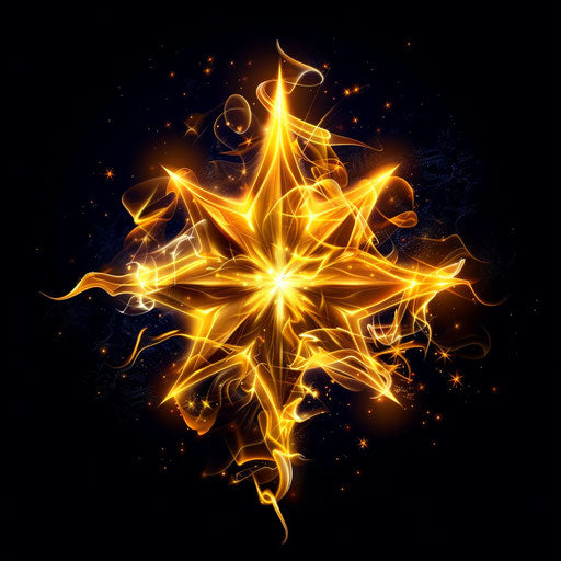 Golden star with glowing yellow flames, in the Quito school style, animated exuberance