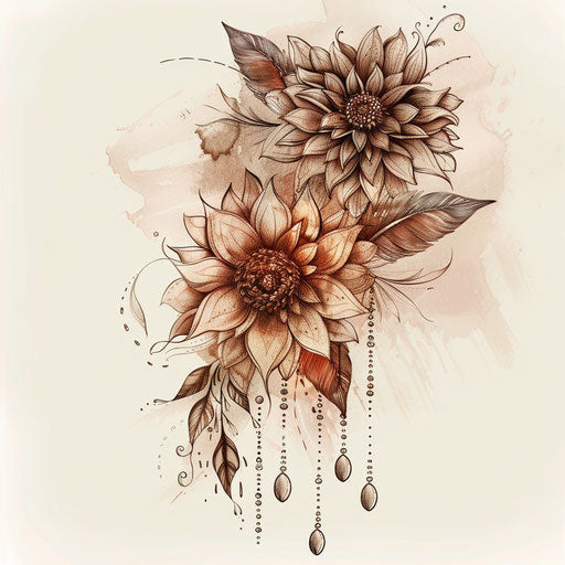 Bohemian tattoo sketch of an aster flower intertwined with feathers and beads in earth tones