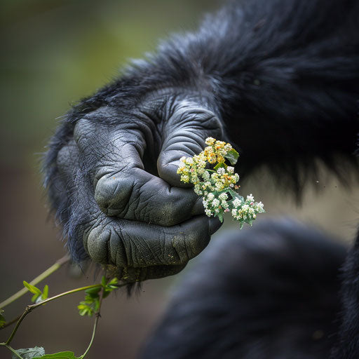 Gorilla hand gently holding forest flower