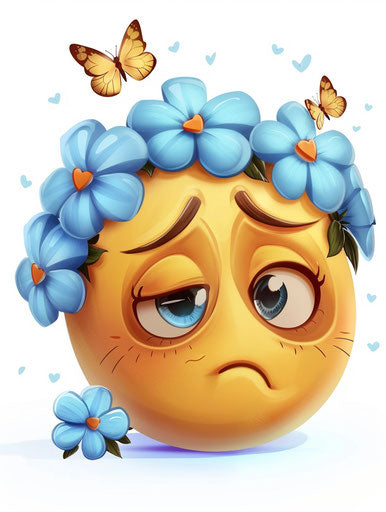 Sad emoji with blue heart-shaped flowers
