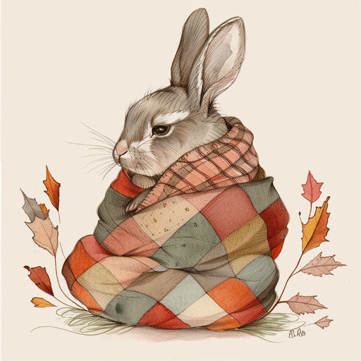 Cozy tattoo sketch of a bunny in a patchwork quilt