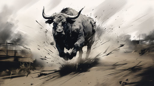 Bull running in the countryside, detailed sketch, harsh weather