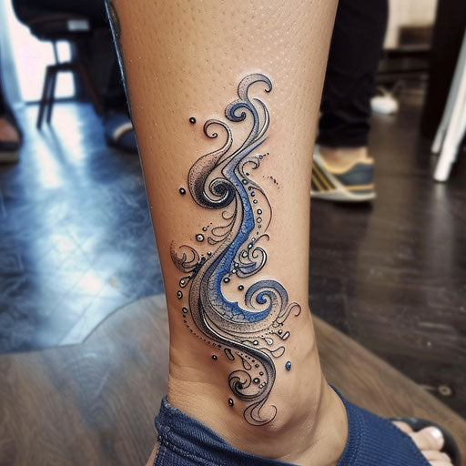 Dynamic flat tattoo sketch of an ankle bracelet with swirling waves and blue hues
