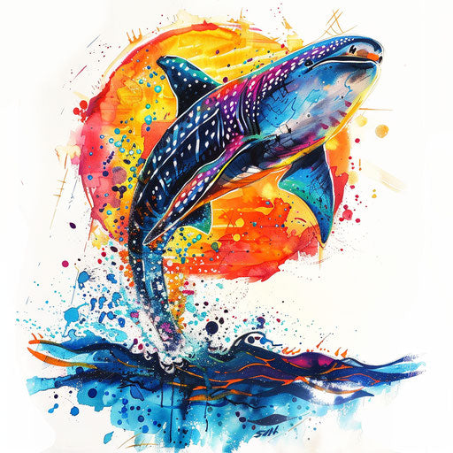 Dynamic tattoo sketch of whale shark leaping out of water with vibrant sunset colors