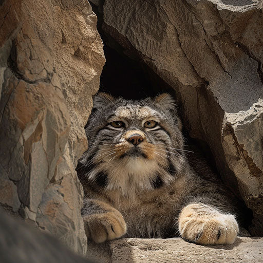 A Pallas's cat resting in the shade of a rocky crevice