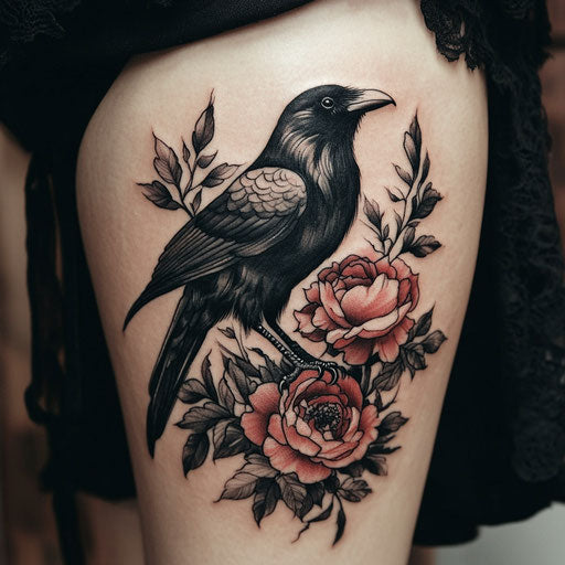 Flower tattoos for women with a raven among dark roses