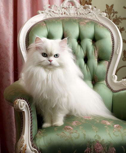 White Persian cat with green eyes on white chair
