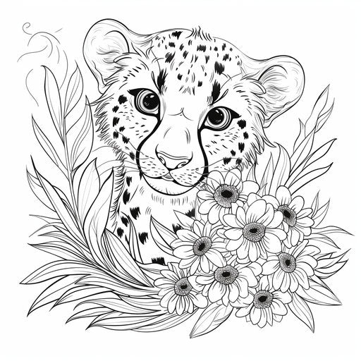 A whimsical cheetah holding a bouquet of flowers, charming
