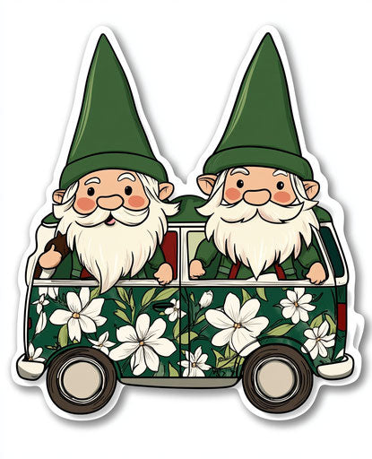 Two Happy Gnomes in a Flower-Print Hippie Van