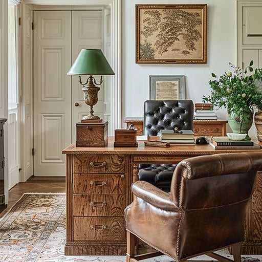 Elegantly understated home office with classic lamp