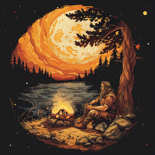 Cozy tattoo sketch of Baldur by the campfire