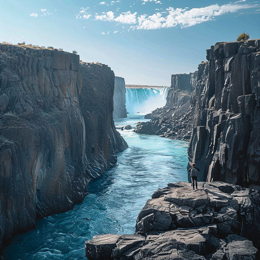 Victoria Falls with bright blue waters and dynamic cliffs