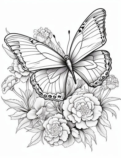 Flower and butterfly coloring pages, soft mist style, naive art, high resolution, made of flowers, simplified goosepunk 24:31
