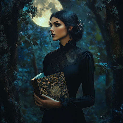 Elegant witch under the full moon in a mystical forest