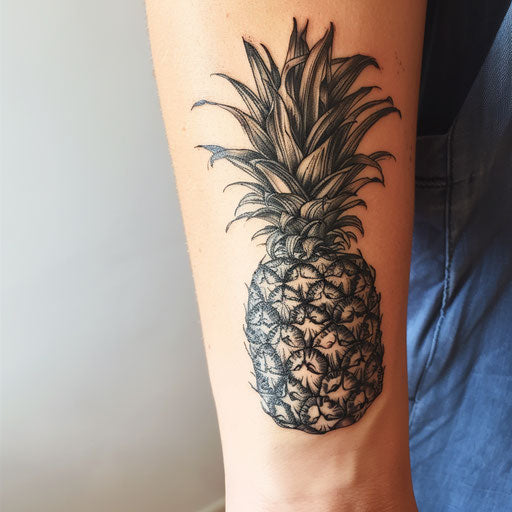 Rustic woodcut pineapple tattoo with intricate lines on white