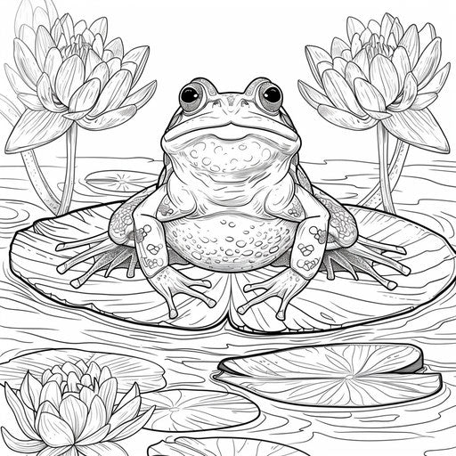 Cheerful frog on a lily pad. Coloring book page