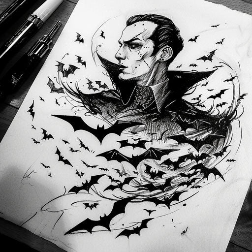 Flat tattoo sketch of a vampire with a detailed bat swarm forming a cape