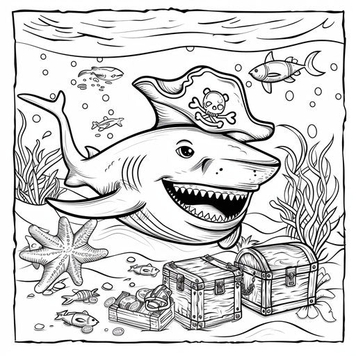 Shark with pirate hat and treasure chest