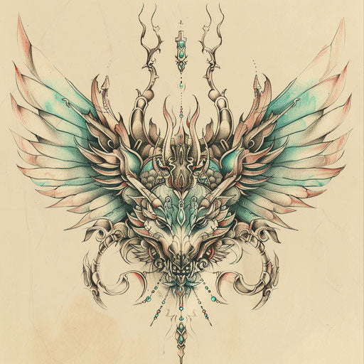 Ethereal flat tattoo sketch for a Sak Yant featuring a winged creature in light pastel colors in clipart style