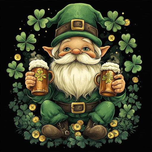 St. Patrick's Day, a cute gnome with two mugs of beer, surrounded by clovers and gold coins