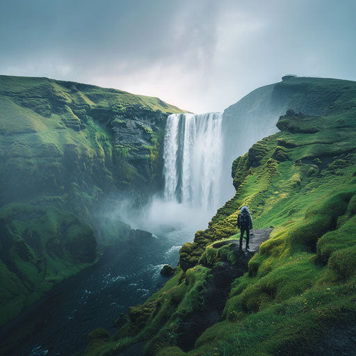 Turquoise waterfalls and rugged landscape in Chris Burkard style