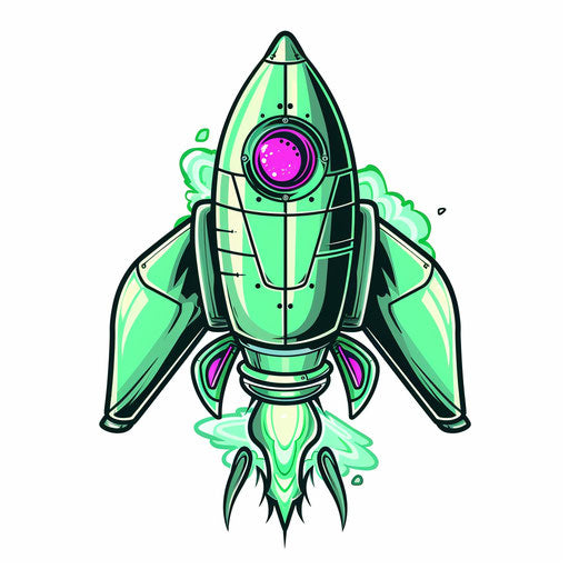 Futuristic flat tattoo sketch of an interstellar explorer rocket, neon green and silver, clipart style