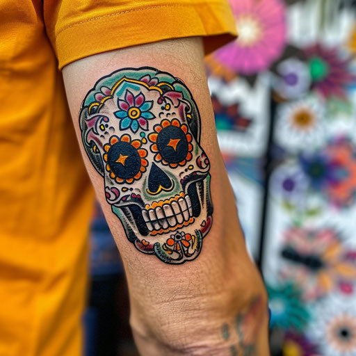 Lively tattoo sketch of a Calavera with festive papel picado