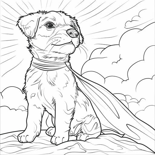 A puppy in superhero cape. Coloring book page