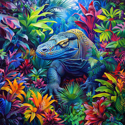 Komodo dragon surrounded by vibrant, colorful vegetation