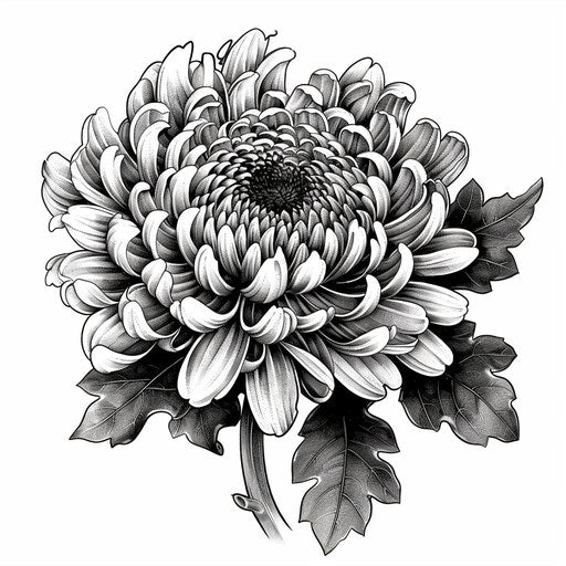 Detailed black and white chrysanthemum on pure white