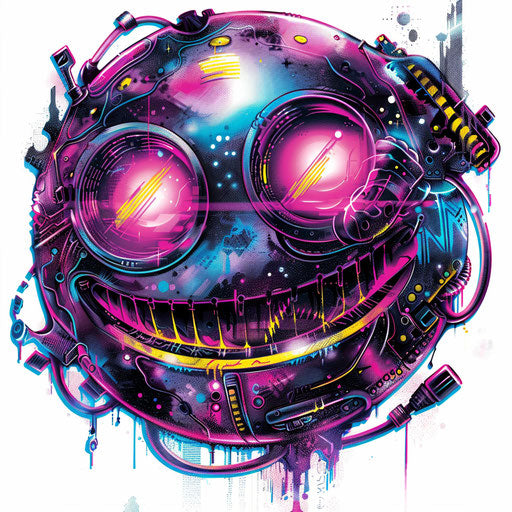 Cyberpunk smiley face tattoo design, neon and cybernetic elements, on white