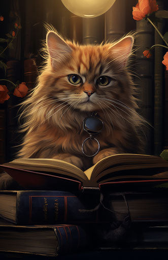 A cat with glasses reading under a bookstand