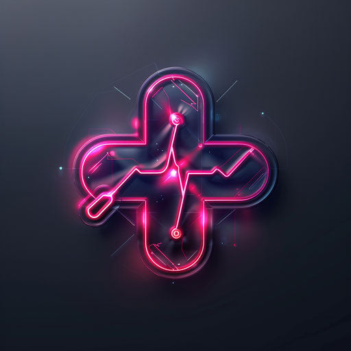 Futuristic doctor logo with neon elements on dark gray background