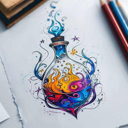Lively sketch of a potion bottle with bubbling, colorful liquid