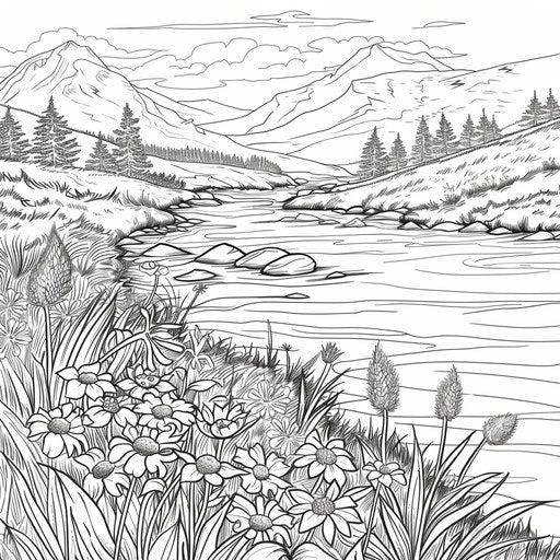 Peaceful river in a serene valley with wildflowers