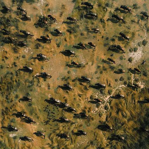 Aerial view of animal migration in African grasslands