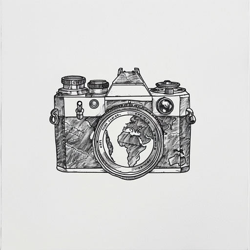 Whimsical tattoo design: world map in vintage camera